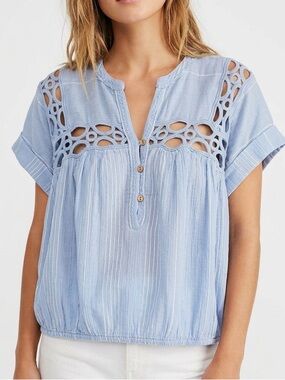 Free People Cedar Blue Lace Pullover Top Blouse S Coastal Boho Chic
